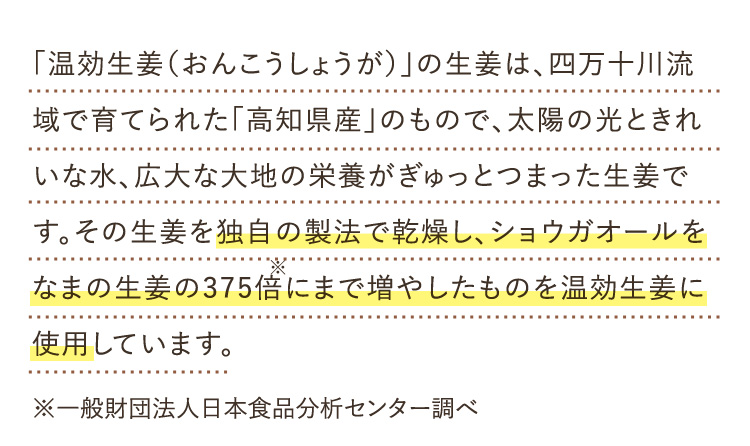 温効生姜は四万十川流域で育てられた「高知県産」のもので、太陽と光ときれいな水、広大な大地の栄養がぎゅっとつまった生姜です。